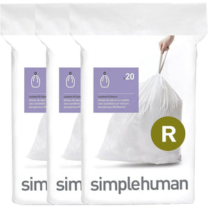 Simplehuman Code R Trash Bags, 60 Count, Custom Fit Liners, Drawstring, 10L/26 Gallon, White