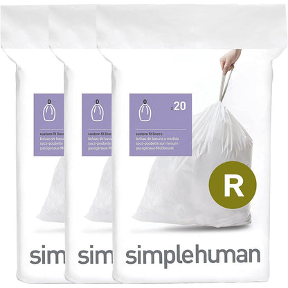 Simplehuman Code R Trash Bags, 60 Count, Custom Fit Liners, Drawstring, 10L/26 Gallon, White