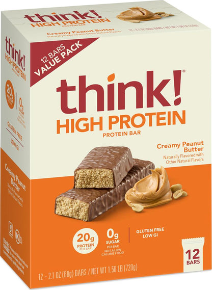 Think Protein Bars, High-Protein Creamy Peanut Butter Nutrition Bars, Gluten-Free, Kosher Friendly, 12 Bars (21 oz Each)