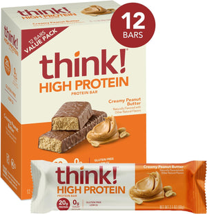 Think Protein Bars, High-Protein Creamy Peanut Butter Nutrition Bars, Gluten-Free, Kosher Friendly, 12 Bars (21 oz Each)