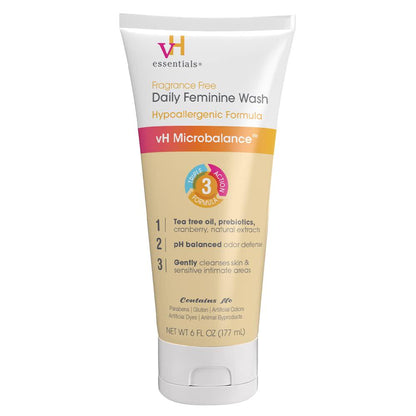 VH Essentials Daily Feminine Wash, Fragrance-Free, Hypoallergenic with Tea Tree Oil & Prebiotic for PH Balance & Vaginal Health, 6 fl oz