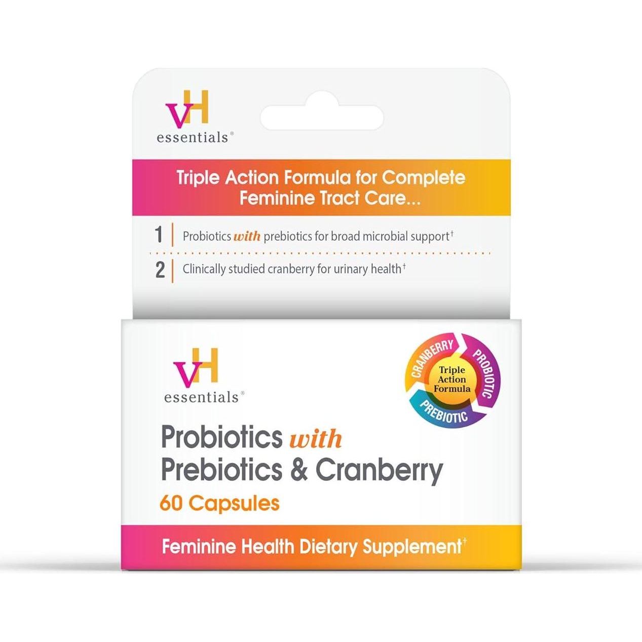 VH Essentials Probiotics with Prebiotics & Cranberry, Feminine Health Supplement, 60 Capsules
